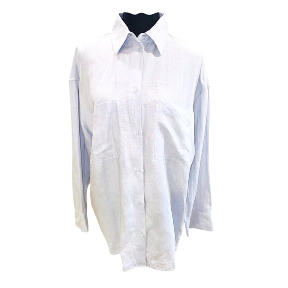 NWT H&M Light Grey/Blue Linen Blend Button-Up Oversized Shirt Small Minimalist - Picture 2 of 10